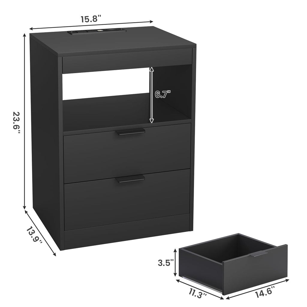 Black LED Nightstand with Wireless Charging Station and 2 Drawers W401017