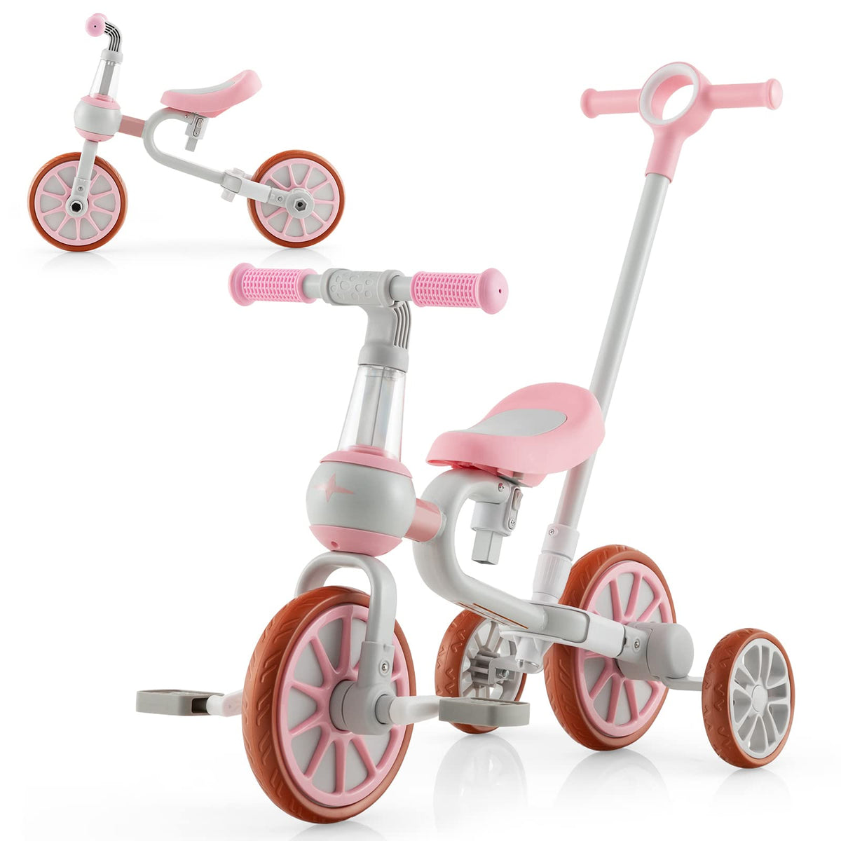 4 in 1 Tricycle with Adjustable Seat & Push Handle, Removable Pedals & Training Wheels, Pink S897731