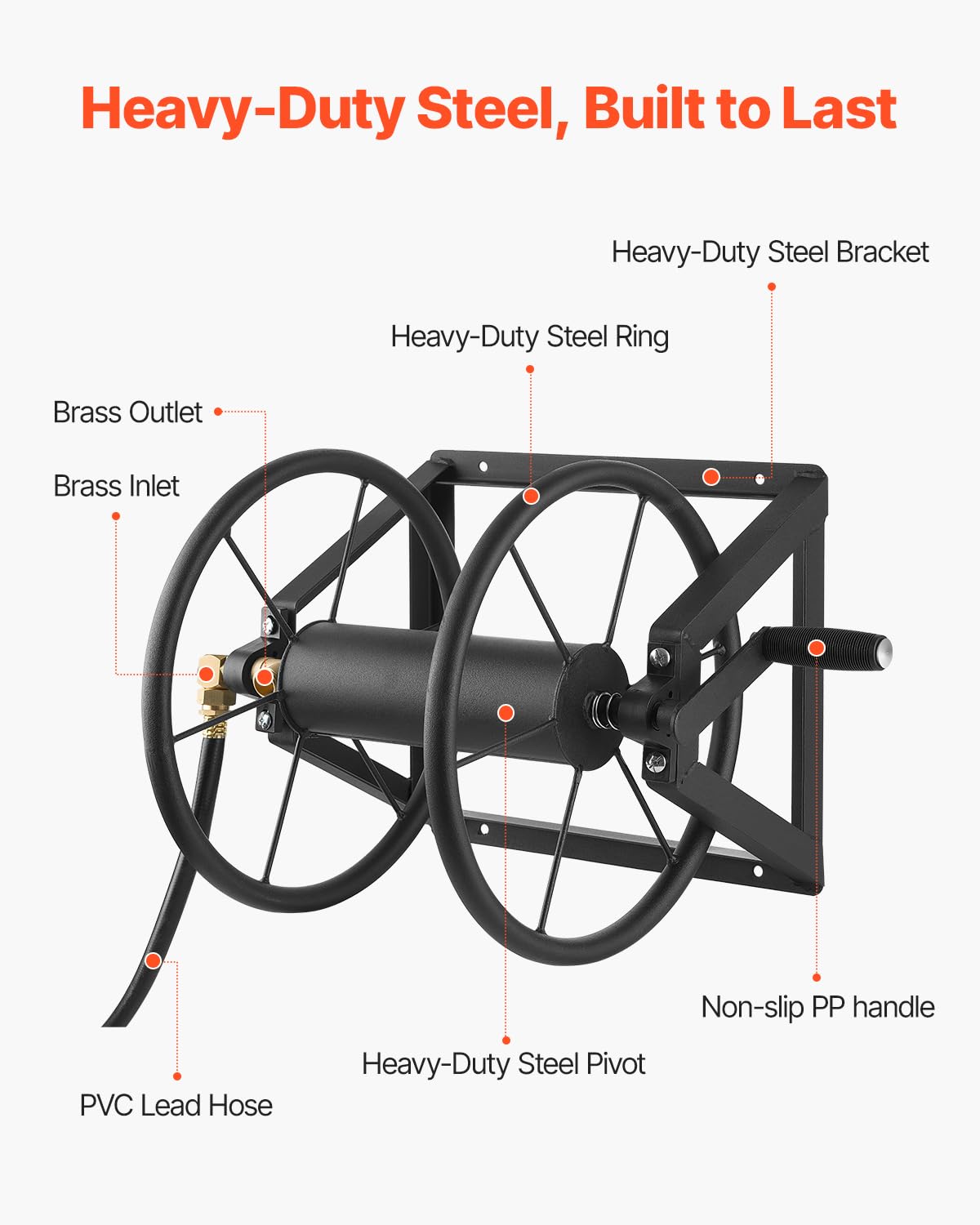 Wall Mounted Garden Hose Reel, Holds 200 ft 5/8-inch, Heavy-Duty Steel P14246