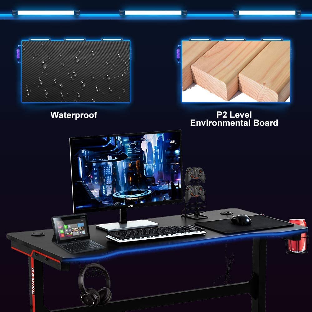 47 Inch T-Shaped Gaming Desk with Headphone Hook and Cup Holder Z792017