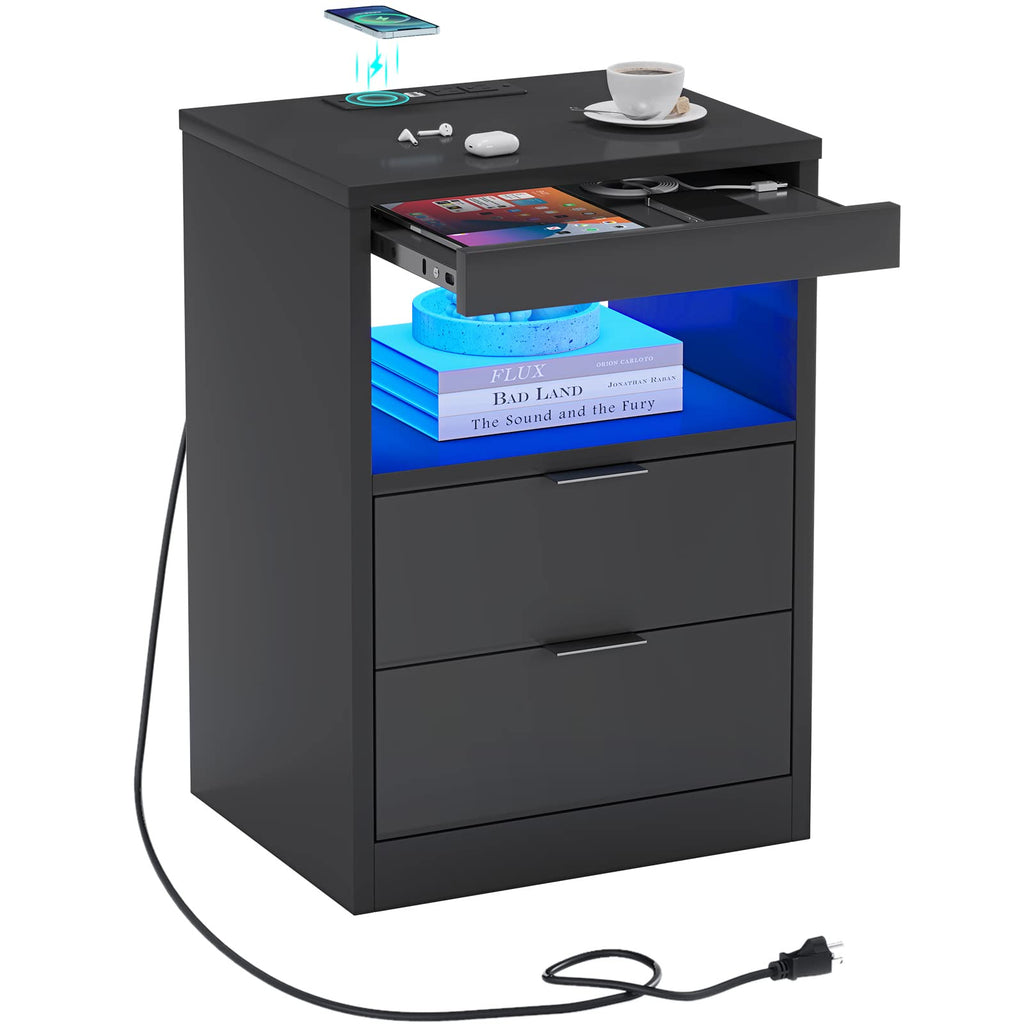 Black LED Nightstand with Wireless Charging Station and 2 Drawers W401017