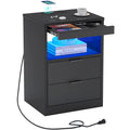 Black LED Nightstand with Wireless Charging Station and 2 Drawers W401017