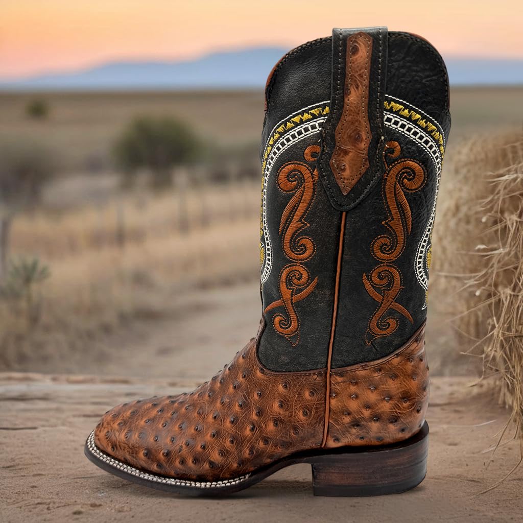 Leather Ostrich Quill Print Square Toe Western Cowboy Boot M211736