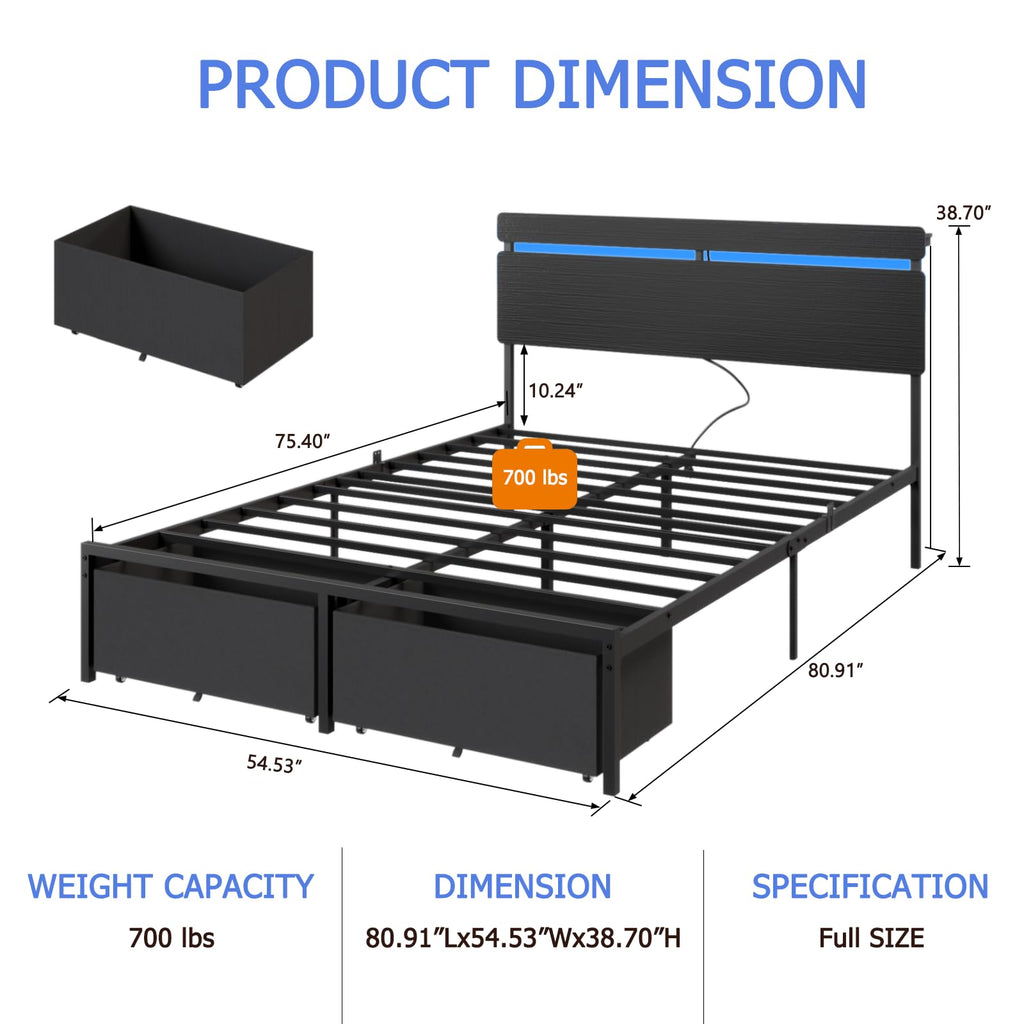 Full Size Bed Frame with Wood Headboard and Storage Drawers Q20467