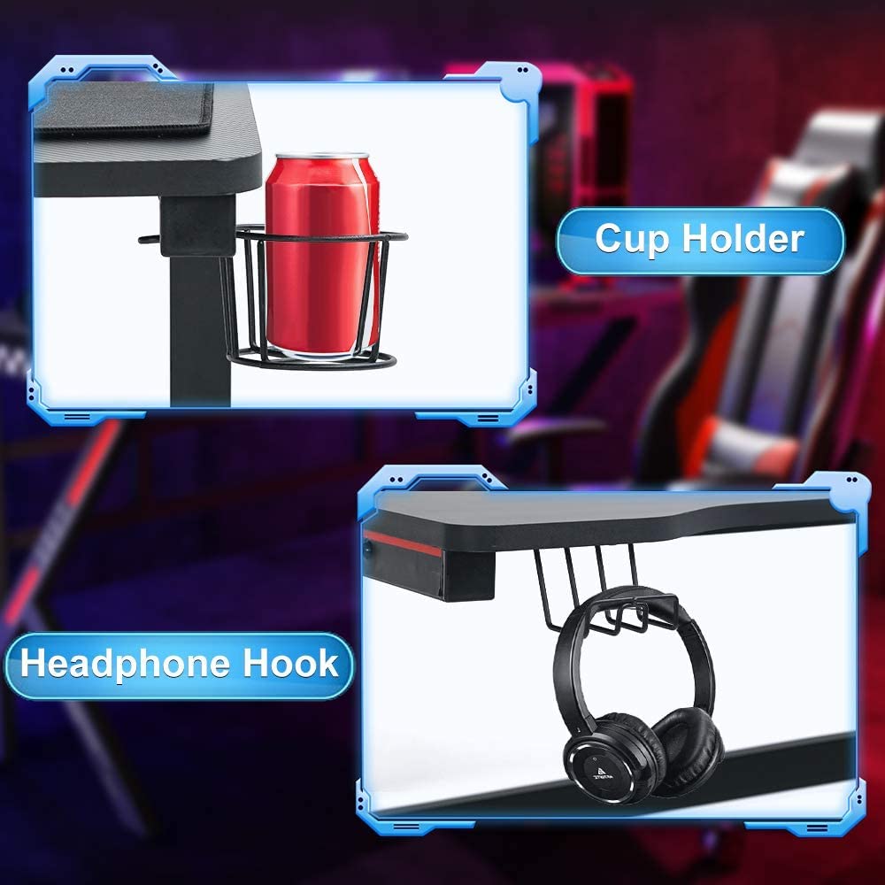 47 Inch T-Shaped Gaming Desk with Headphone Hook and Cup Holder Z792017