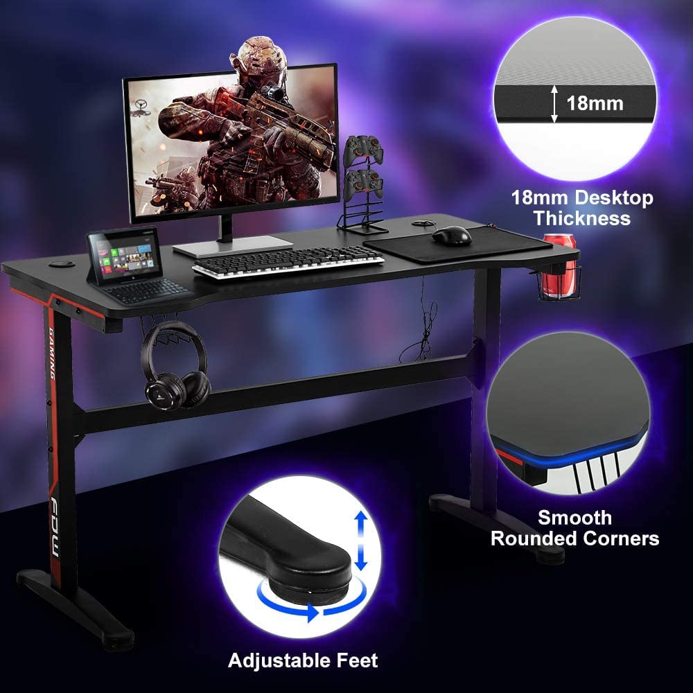 47 Inch T-Shaped Gaming Desk with Headphone Hook and Cup Holder Z792017