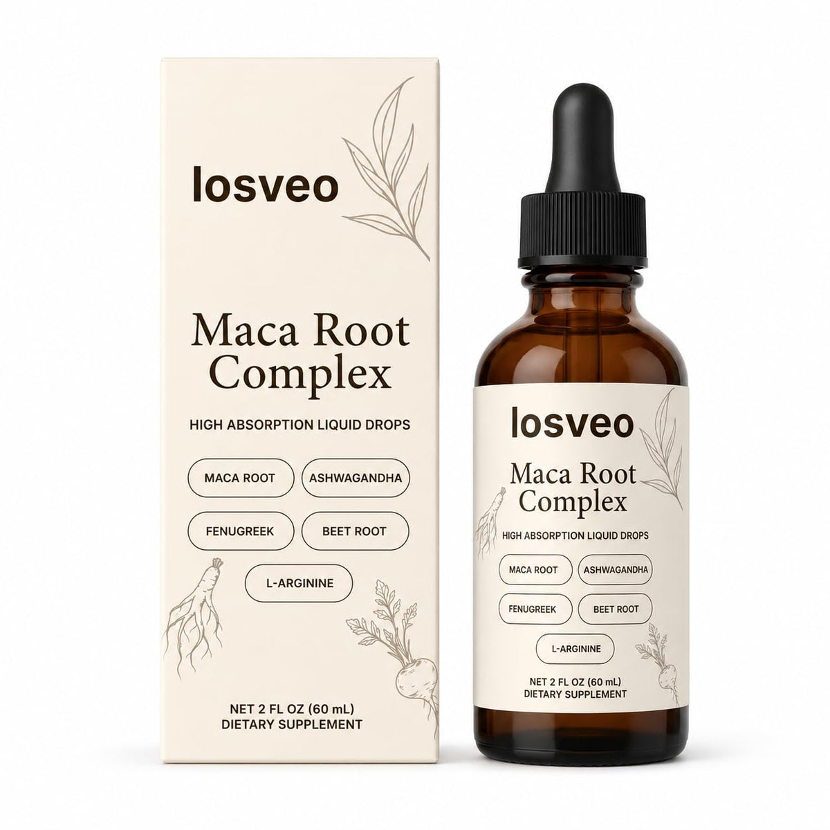 Maca Root Complex Liquid Drops with Ashwagandha, Fenugreek, Beet Root & L-Arginine, 2 Fl Oz R781