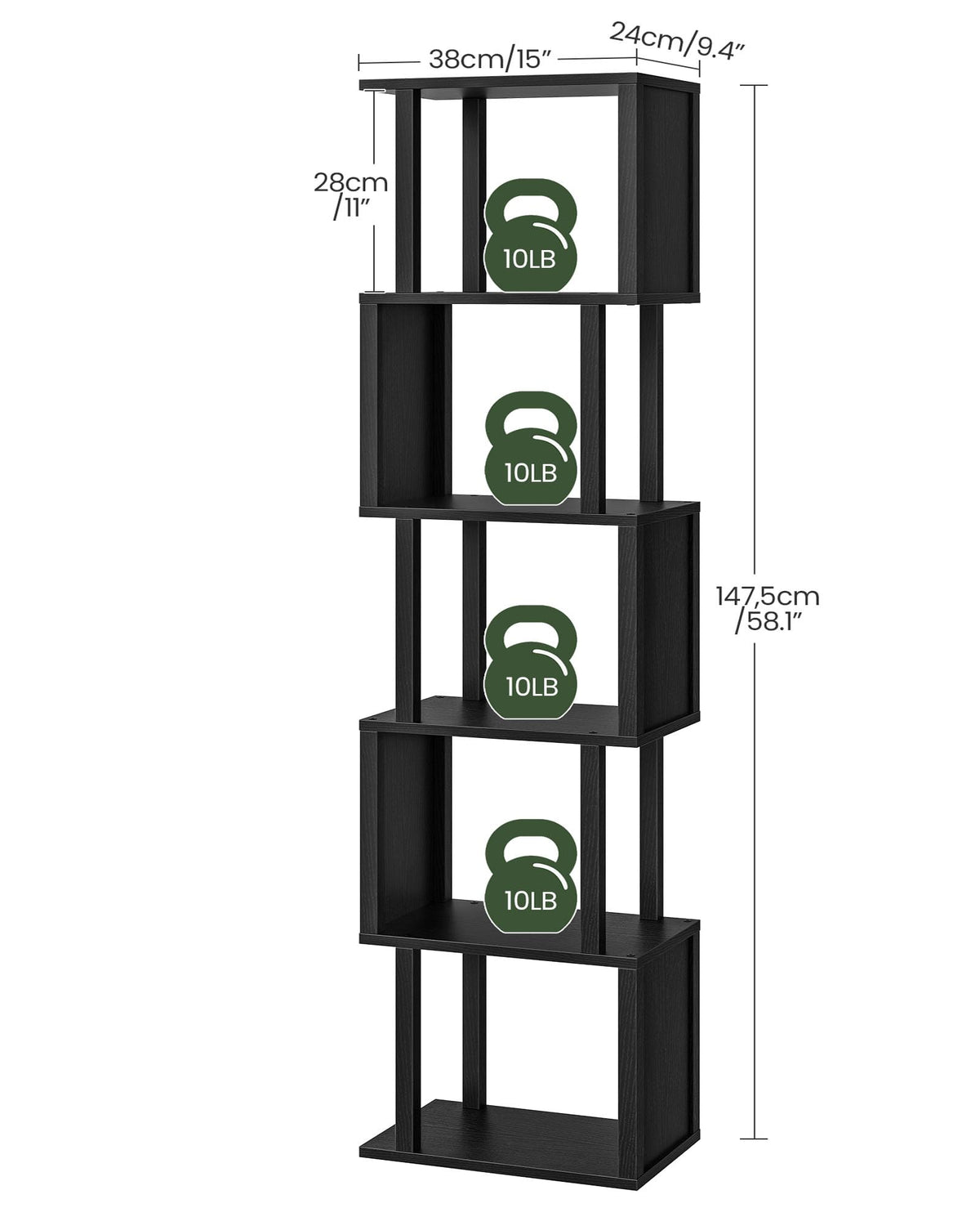 Black 5-Tier Bookshelf with Anti-Tip Kit V859