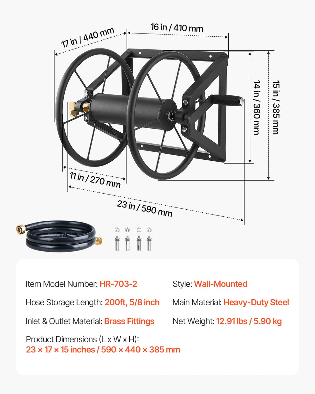 Wall Mounted Garden Hose Reel, Holds 200 ft 5/8-inch, Heavy-Duty Steel P14246