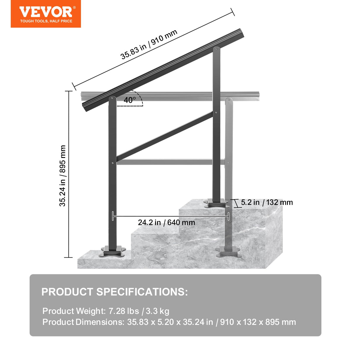 Aluminum Outdoor Stair Handrail 36 x 35 for 2-3 Steps Y59506