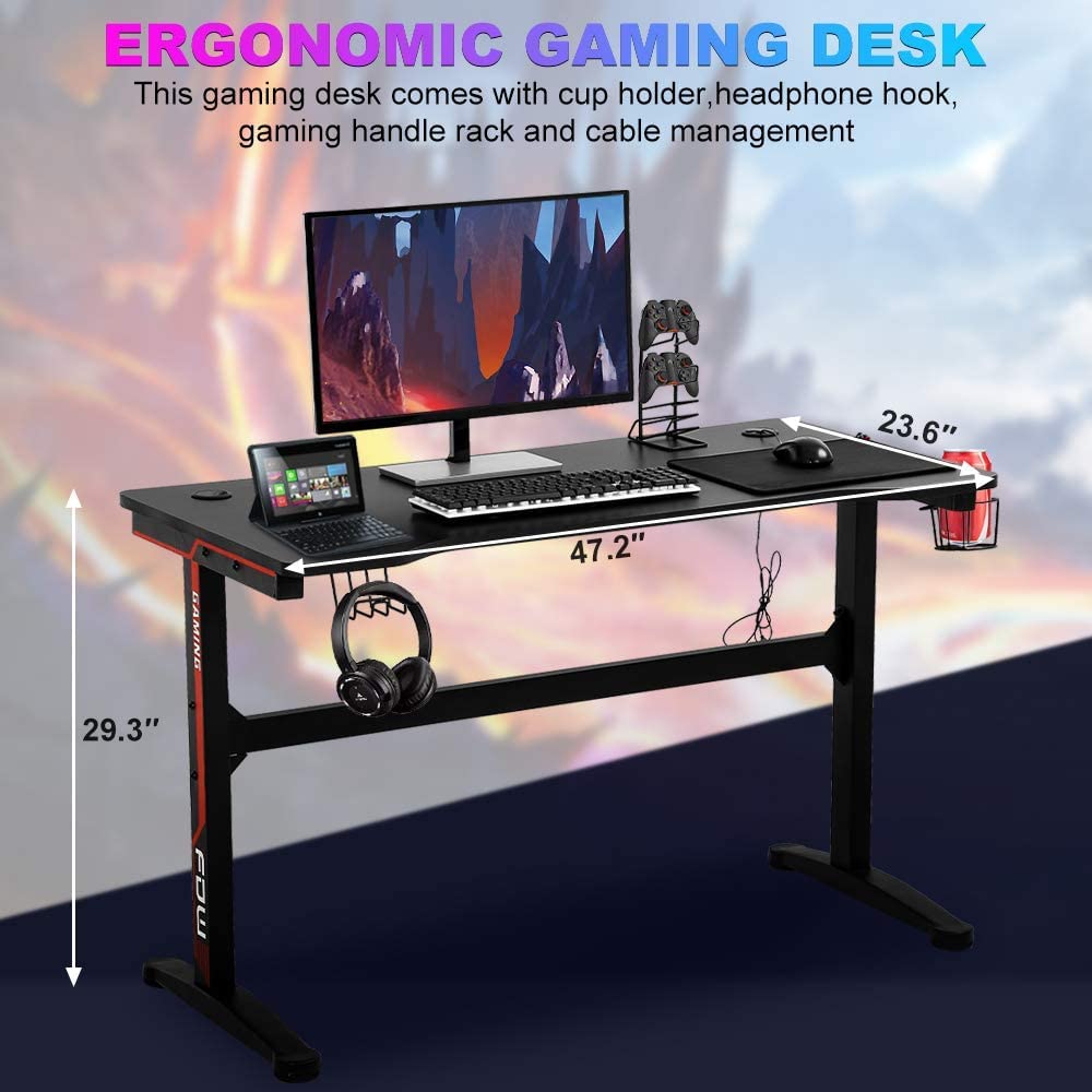 47 Inch T-Shaped Gaming Desk with Headphone Hook and Cup Holder Z792017