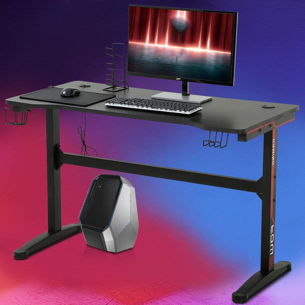 47 Inch T-Shaped Gaming Desk with Headphone Hook and Cup Holder Z792017
