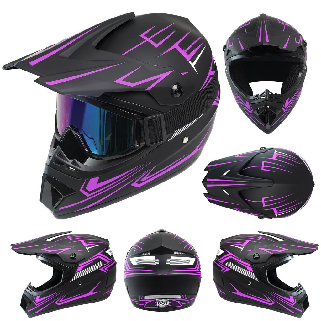 Kids Full Face Motocross Helmet 4-Pcs Set DOT Approved Purple X-Large W563207