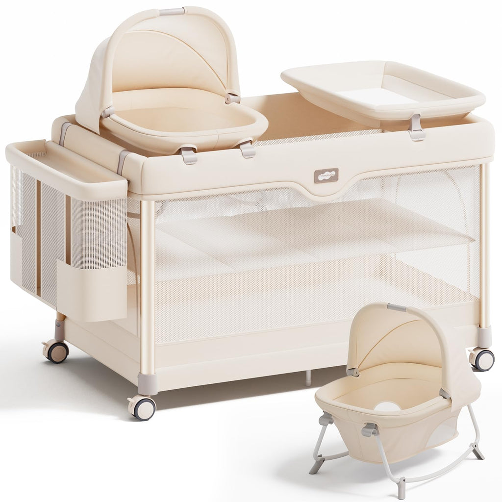 6-in-1 Pack and Play with Bassinet, Portable Playard, Travel Crib with Mattress, Changing Table, Storage Bag & 4 Wheels (Beige) M50964