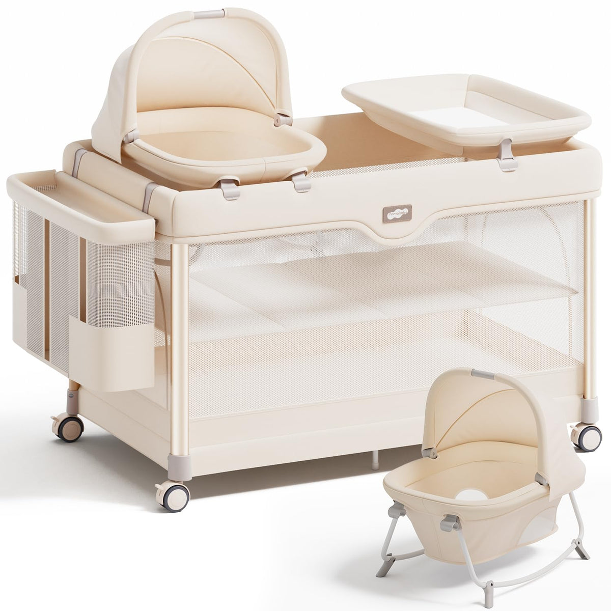 6-in-1 Pack and Play with Bassinet, Portable Playard, Travel Crib with Mattress, Changing Table, Storage Bag & 4 Wheels (Beige) M50964