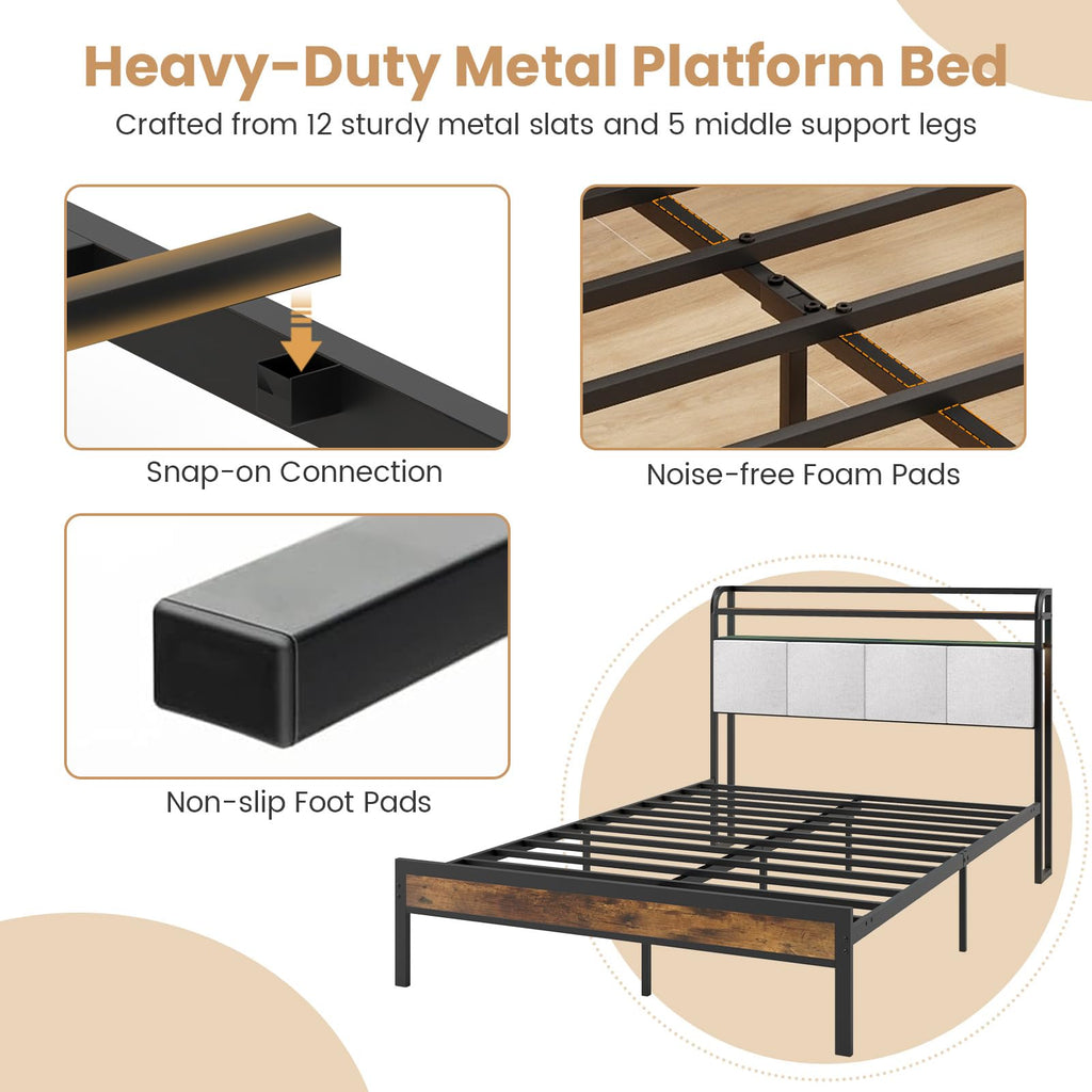 Full Size Metal Platform Bed with Storage Headboard S22307