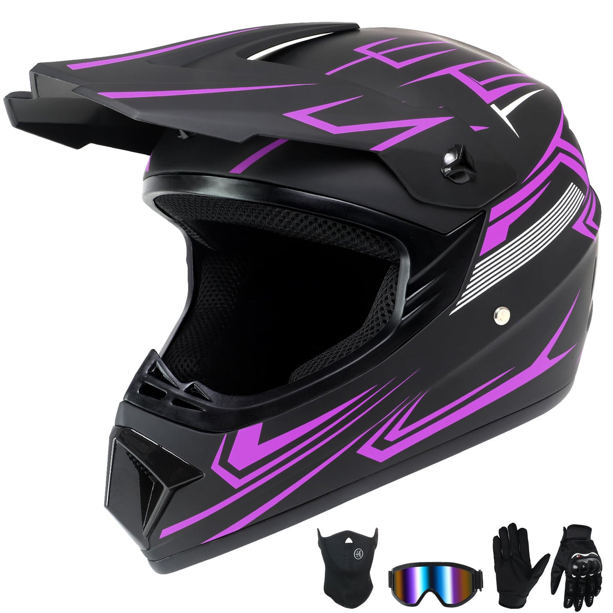 Kids Full Face Motocross Helmet 4-Pcs Set DOT Approved Purple X-Large W563207