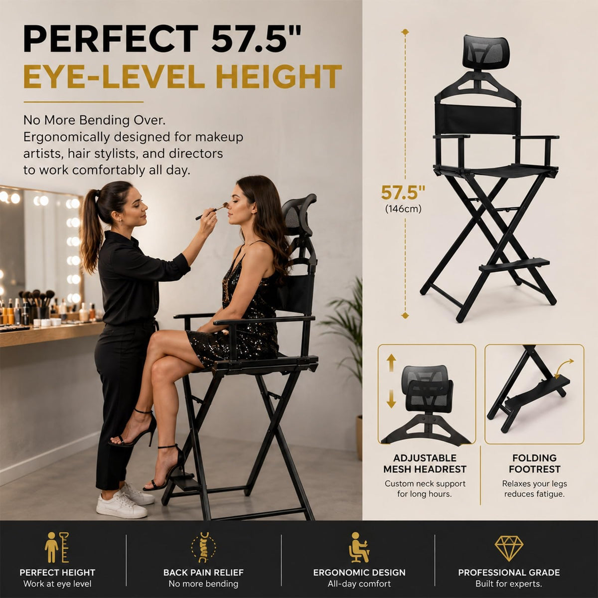 Extra Tall Foldable Directors Chair with Adjustable Mesh Headrest I9902