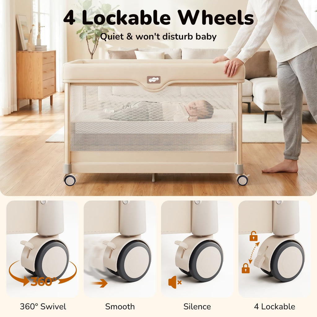 6-in-1 Pack and Play with Bassinet, Portable Playard, Travel Crib with Mattress, Changing Table, Storage Bag & 4 Wheels (Beige) M50964