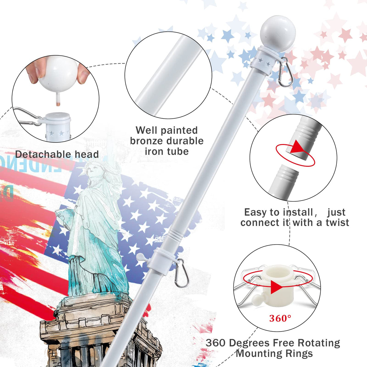 5ft Tangle Free Metal House Flag Pole with 3x5 Embroidered US Flag S54506