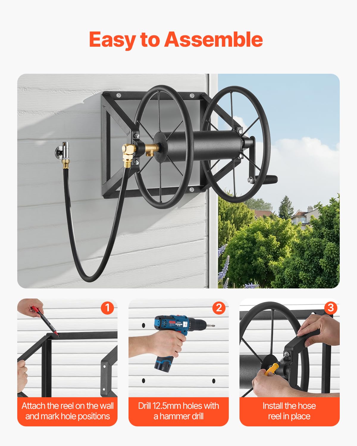 Wall Mounted Garden Hose Reel, Holds 200 ft 5/8-inch, Heavy-Duty Steel P14246