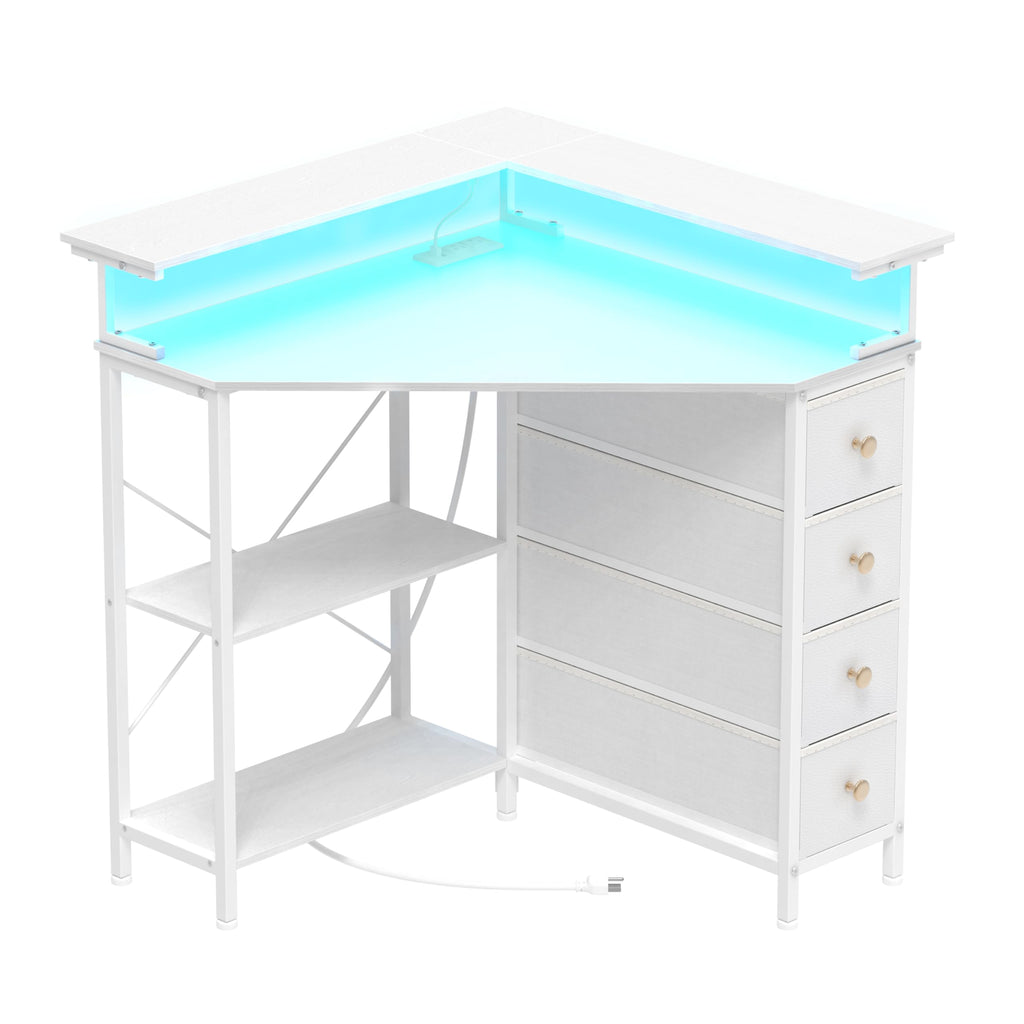 White Corner Desk with Drawers Shelves and Power Outlets A594244