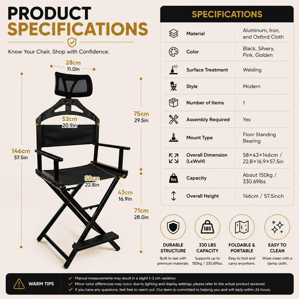 Extra Tall Foldable Directors Chair with Adjustable Mesh Headrest I9902