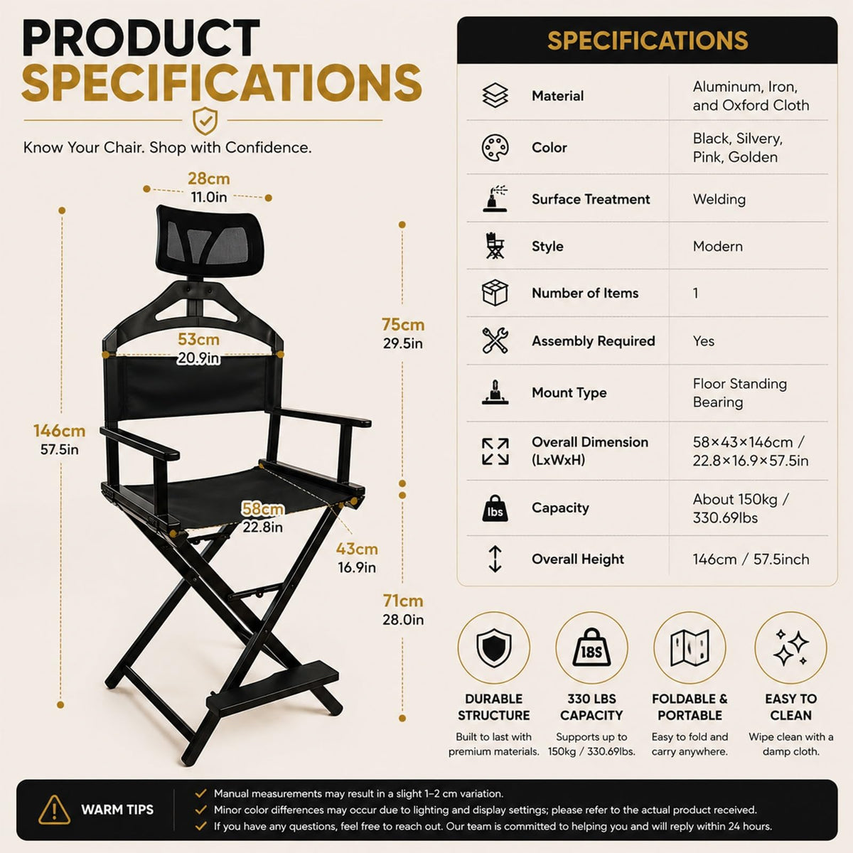 Extra Tall Foldable Directors Chair with Adjustable Mesh Headrest I9902