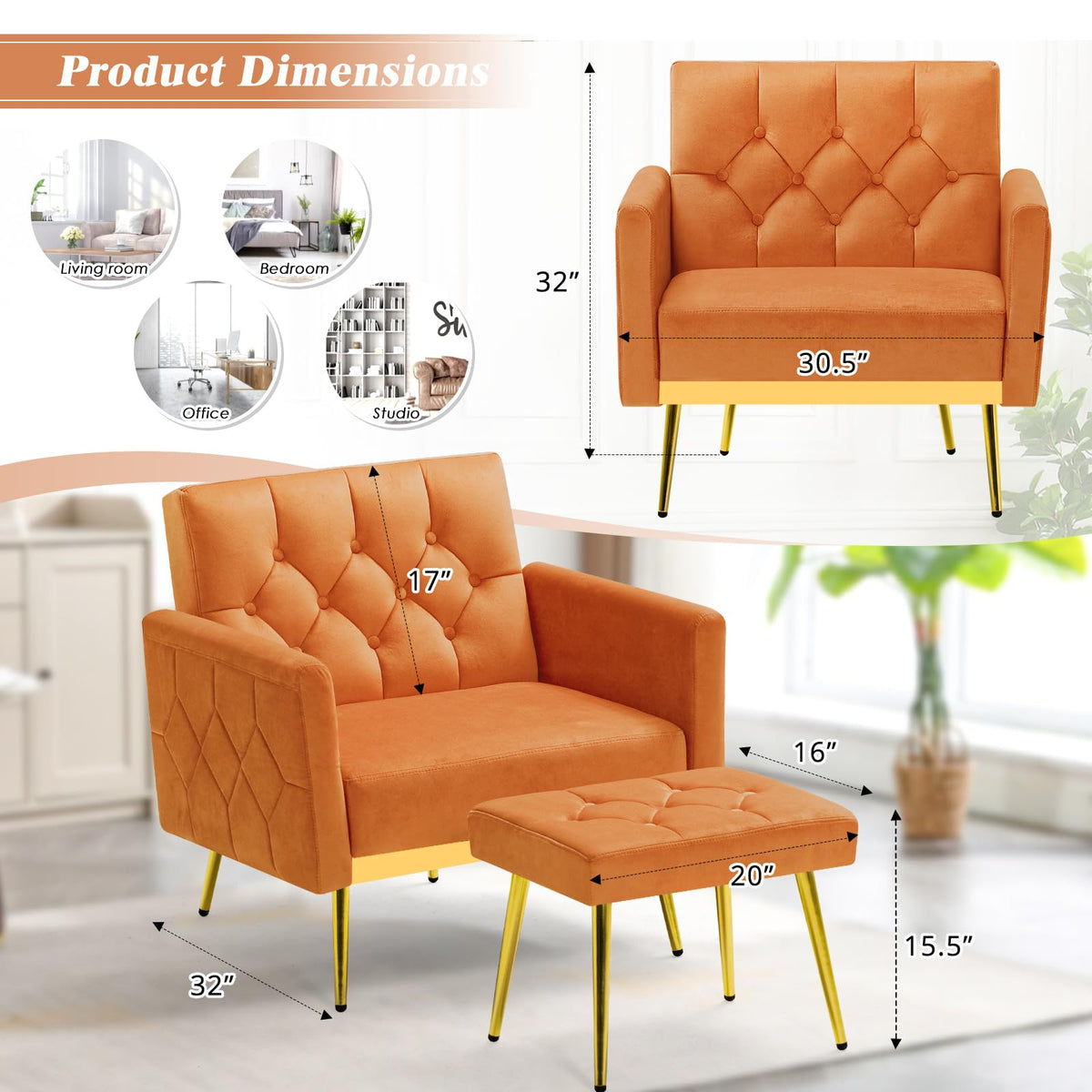 Orange Velvet Accent Chair with Ottoman Y3514