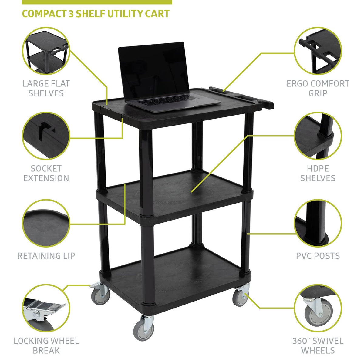3-Tier Plastic Utility Cart with Lockable Wheels D230