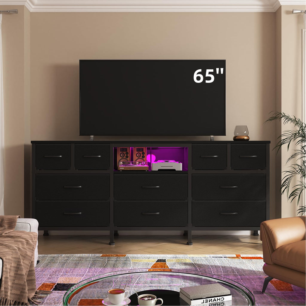 Black Dresser with LED Lights and Power Outlets, 10 Drawers Dresser V943050