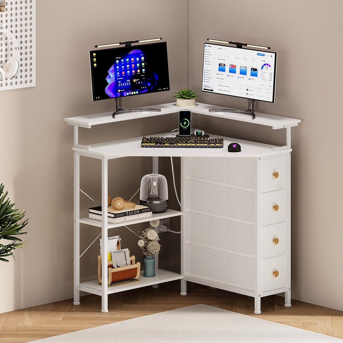 White Corner Desk with Drawers Shelves and Power Outlets A594244