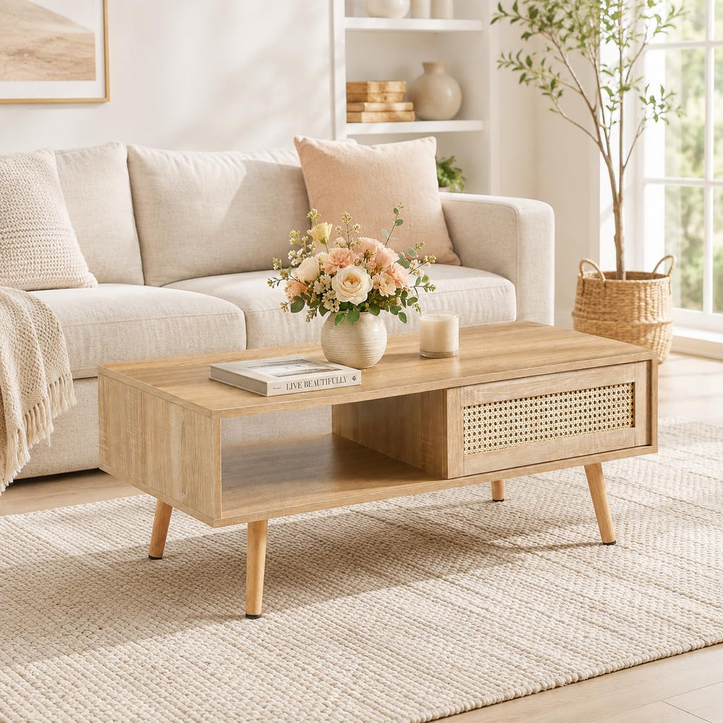 Rattan Coffee Table with Sliding Door Storage Y1932