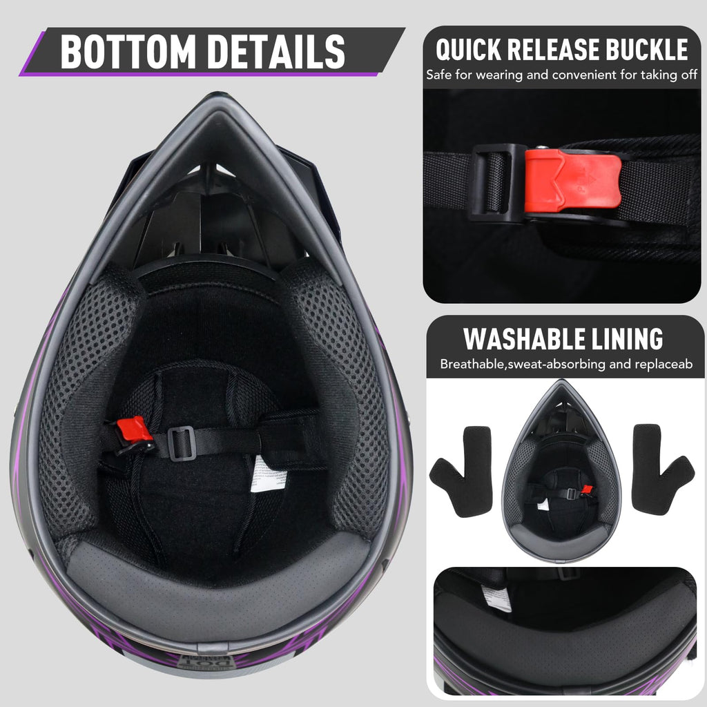Kids Full Face Motocross Helmet 4-Pcs Set DOT Approved Purple X-Large W563207