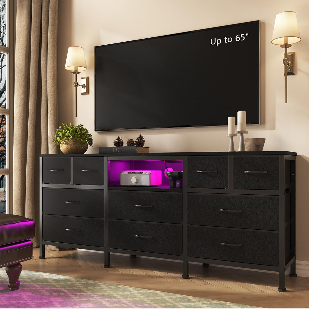 Black Dresser with LED Lights and Power Outlets, 10 Drawers Dresser V943050
