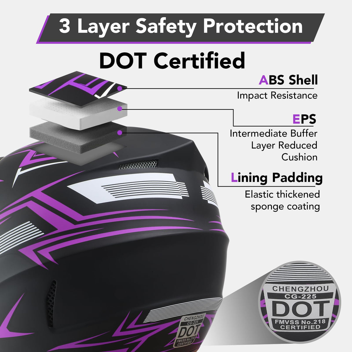 Kids Full Face Motocross Helmet 4-Pcs Set DOT Approved Purple X-Large W563207