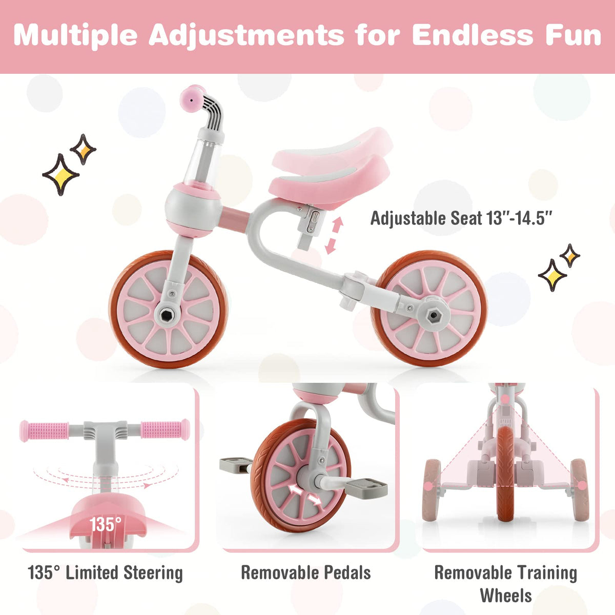 4 in 1 Tricycle with Adjustable Seat & Push Handle, Removable Pedals & Training Wheels, Pink S897731