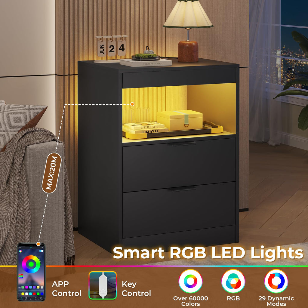 Black LED Nightstand with Wireless Charging Station and 2 Drawers W401017