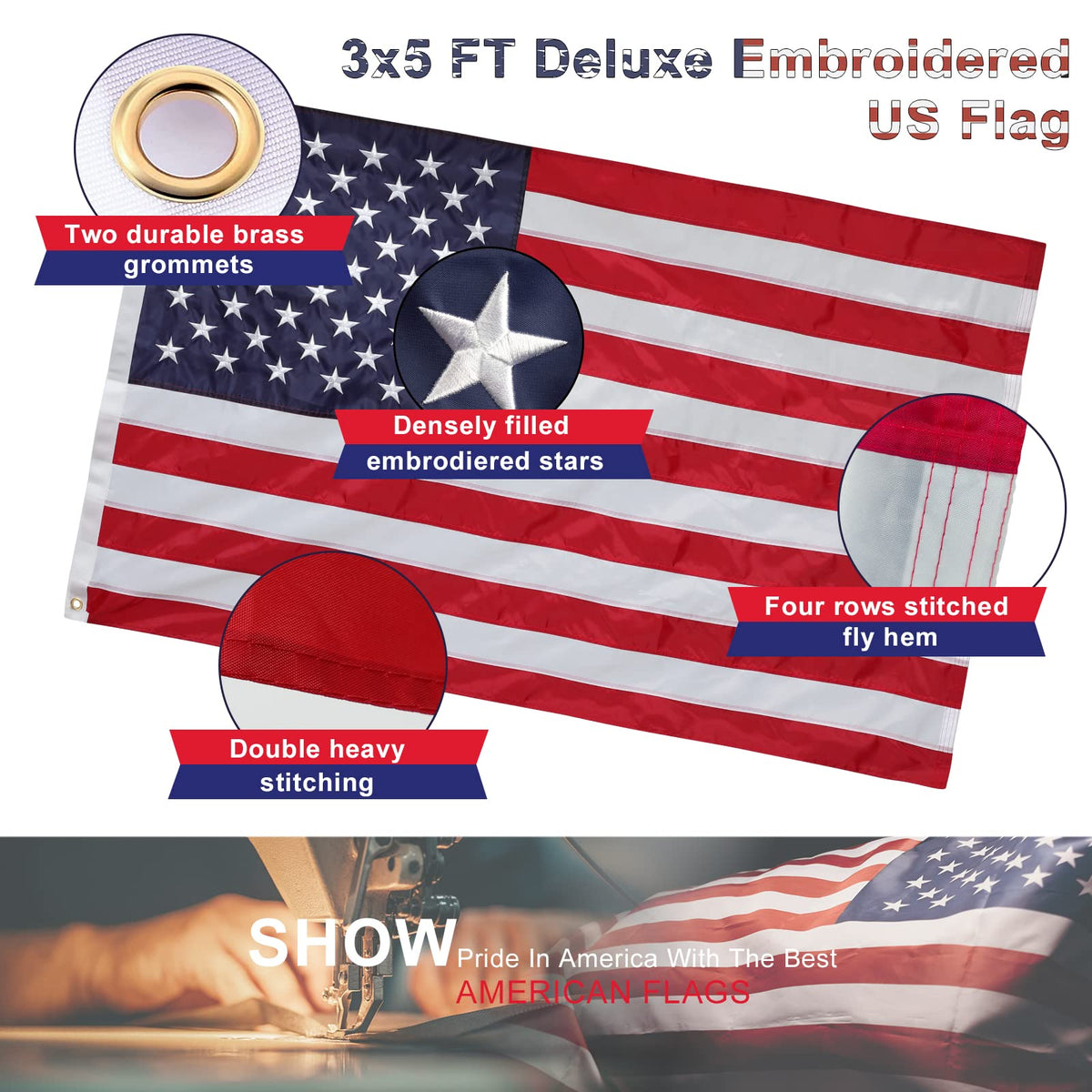 5ft Tangle Free Metal House Flag Pole with 3x5 Embroidered US Flag S54506