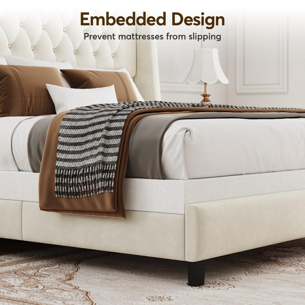 Queen Upholstered Bed Frame with Wingback T7327