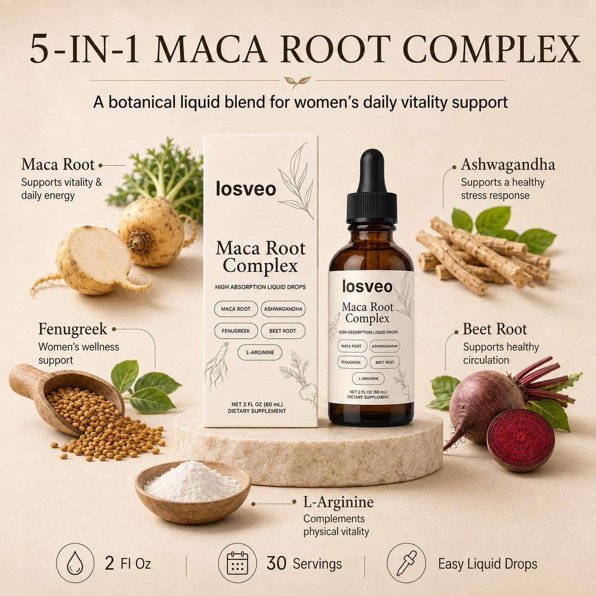 Maca Root Complex Liquid Drops with Ashwagandha, Fenugreek, Beet Root & L-Arginine, 2 Fl Oz R781