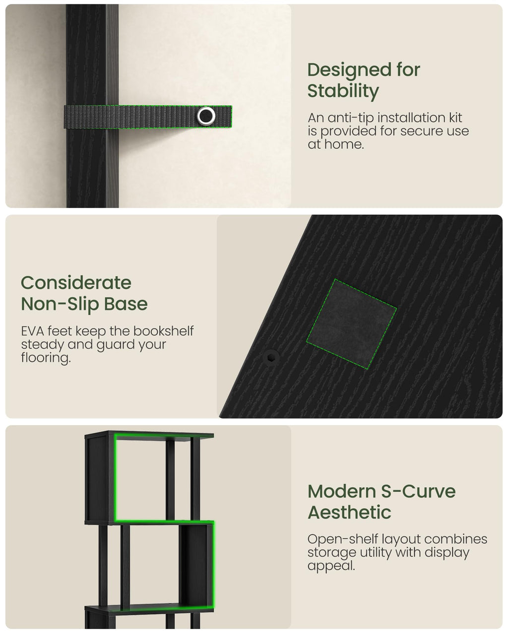 Black 5-Tier Bookshelf with Anti-Tip Kit V859