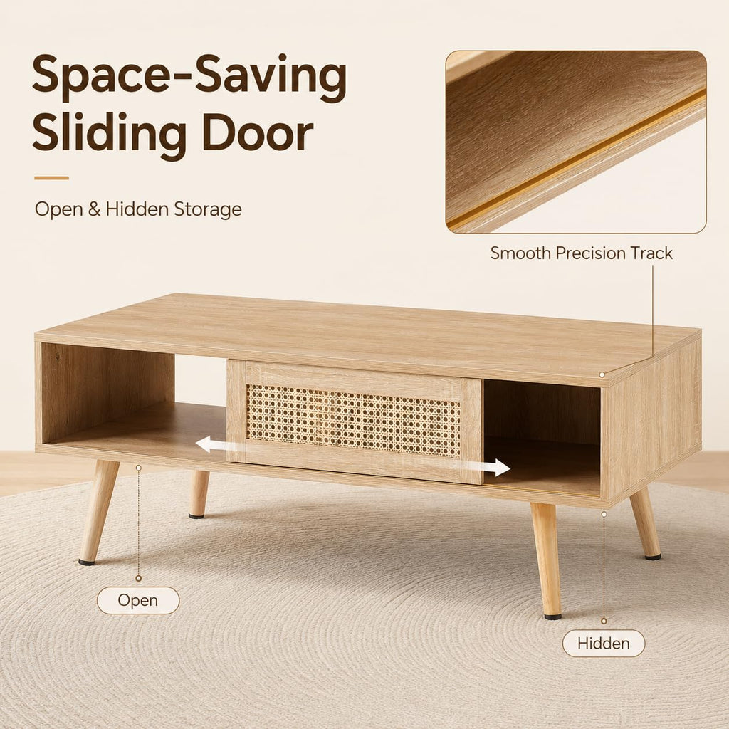 Rattan Coffee Table with Sliding Door Storage Y1932