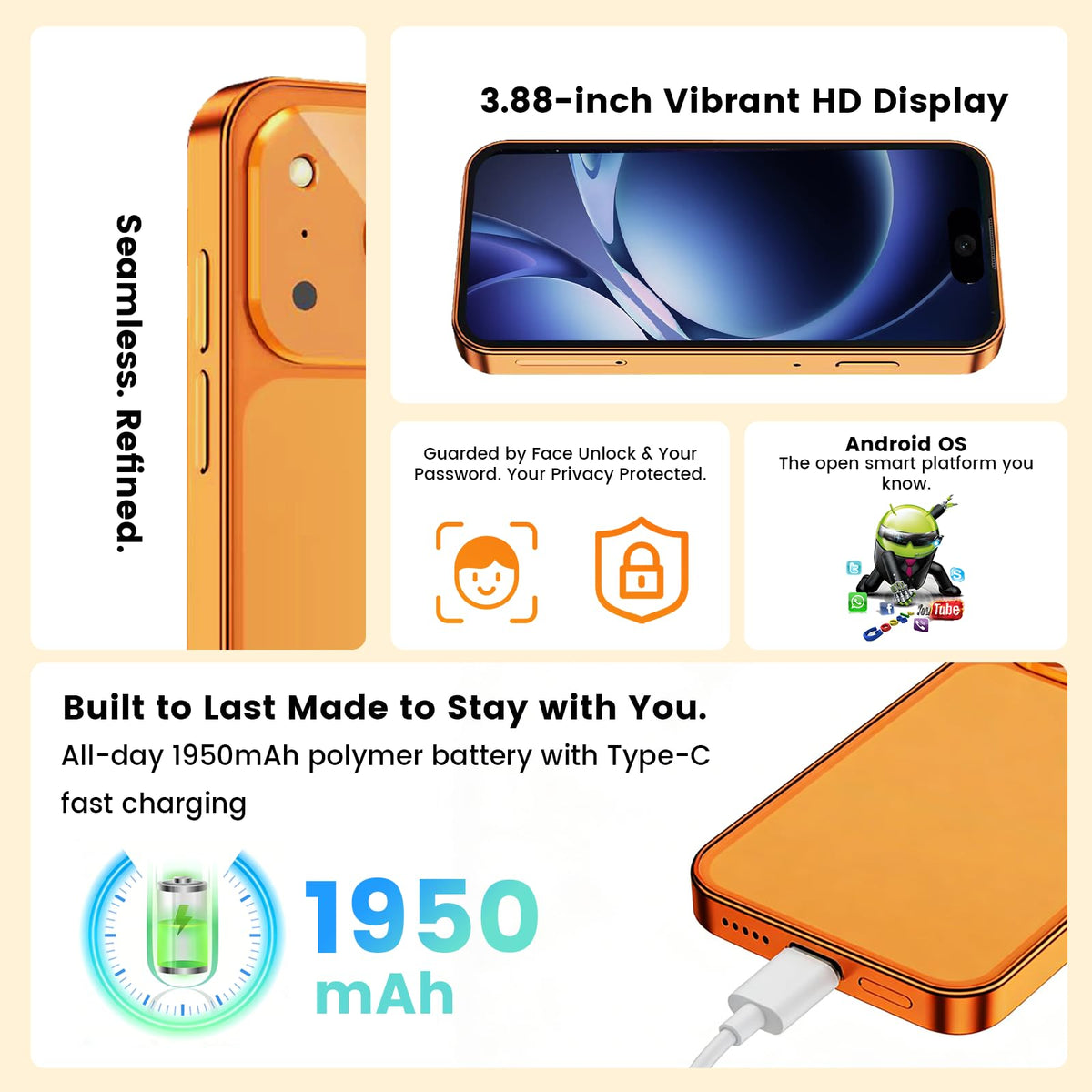 4G Unlocked Mini Smartphone 3GB+32GB 3.88" HD Touch Screen Android 12 Dual SIM Black U89356