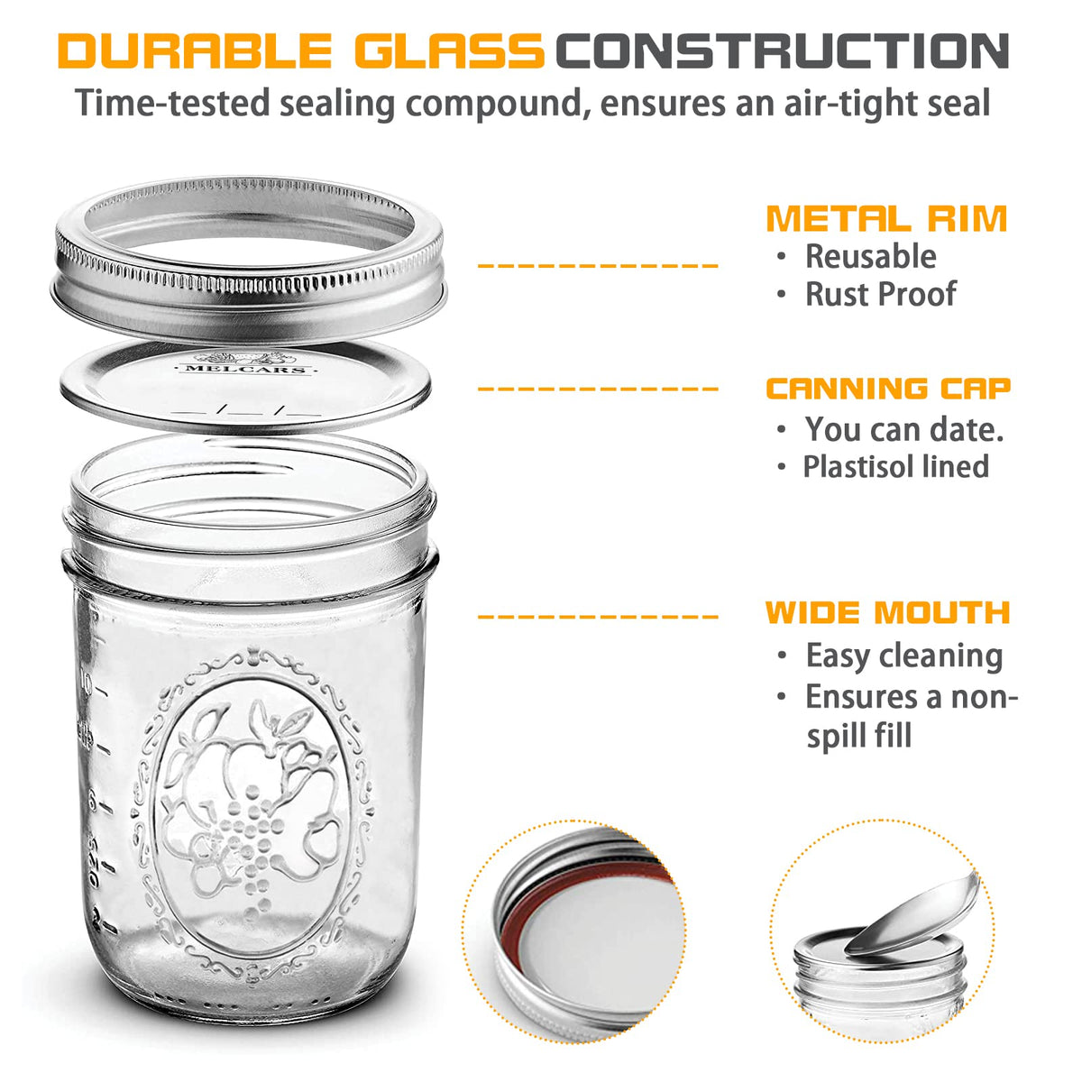 16 oz 6 Pack Wide Mouth Glass Mason Jars with Airtight Lids J416766