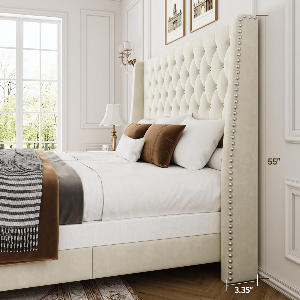 Queen Upholstered Bed Frame with Wingback T7327