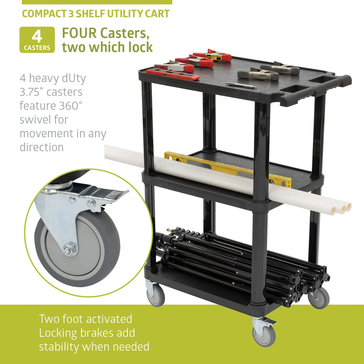 3-Tier Plastic Utility Cart with Lockable Wheels D230