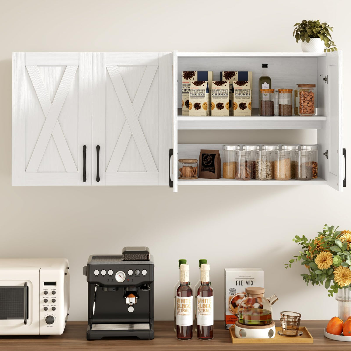 White Wall Mounted Storage Cabinet with 4 Barn Doors R99139
