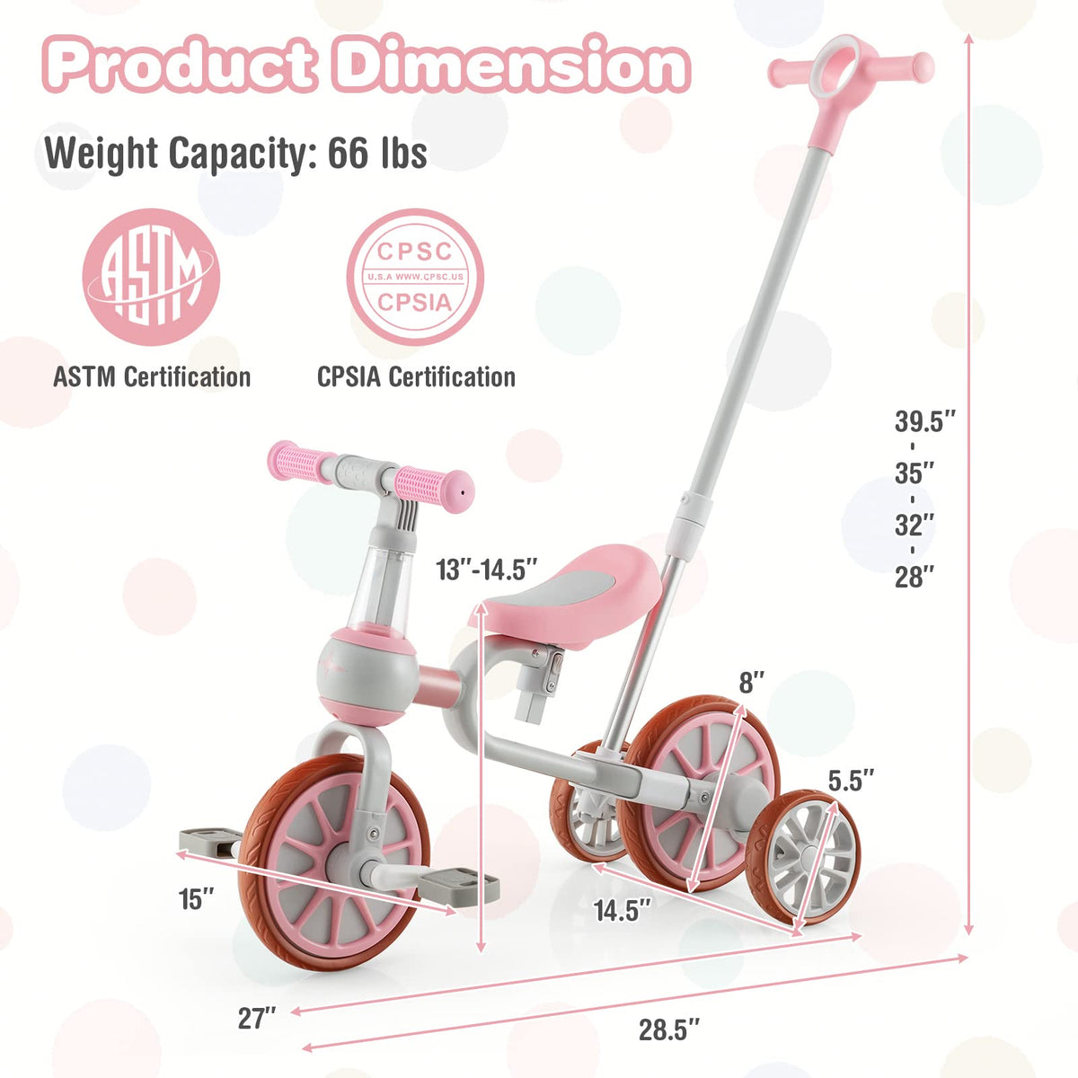 4 in 1 Tricycle with Adjustable Seat & Push Handle, Removable Pedals & Training Wheels, Pink S897731