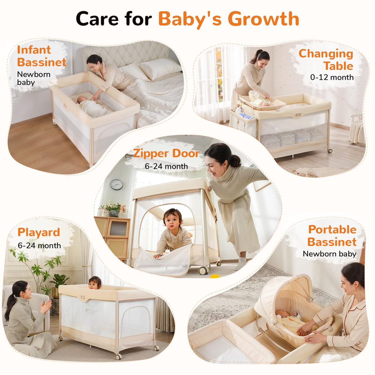 6-in-1 Pack and Play with Bassinet, Portable Playard, Travel Crib with Mattress, Changing Table, Storage Bag & 4 Wheels (Beige) M50964